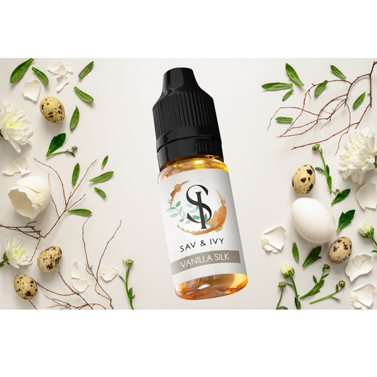 Sav and Ivy 10ml Vanilla Silk on a background of spring flowers, eggs and egg shells