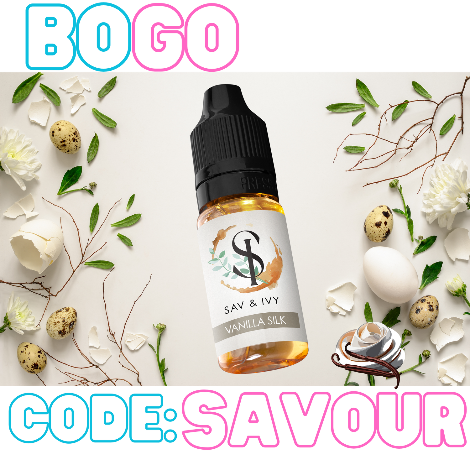 10ml bottle of Sav and Ivy Vanilla Silk Coffee Flavoring on a background of spring flowers, eggs and eggshells